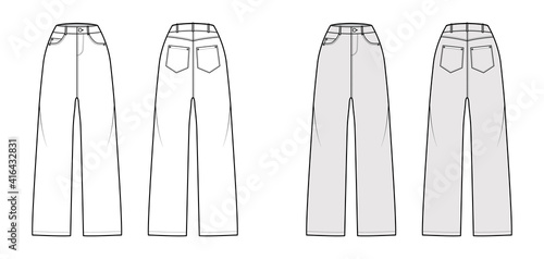 Baggy Jeans Denim pants technical fashion illustration with full length, normal waist, high rise, 5 pockets, Rivets, belt loops. Flat template front, back, white grey color style. Women men CAD mockup