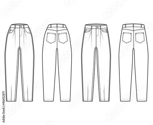 Set of Jeans botton fly tapered Denim pants technical fashion illustration with full length, normal low waist, high rise, 5 pockets, Rivets. Flat template front white color style. Women men CAD mockup