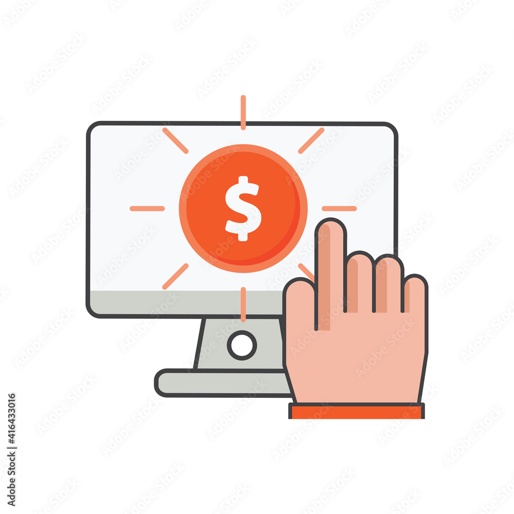 finger clicking on computer with money icon. mobile finance illustration. Flat vector icon. can use for, icon design element,ui, web, mobile app. finger clicking on computer with money icon. mobile finance illustration. Flat vector icon. can use for, icon design element,ui, web, mobile app.