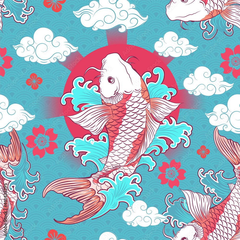 Seamless Art Japanese Repeat Pattern Swimming KOI Carp Fish Flying with ...
