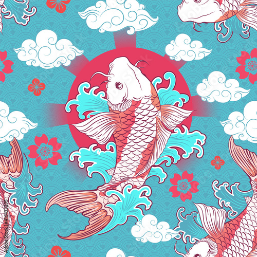 Seamless Art Japanese Repeat Pattern Swimming KOI Carp Fish Flying with Water Splash Surrounded on the Red Sun with Radiant and Water Line with Japanese Bush Repeat Pattern Background Vector Design