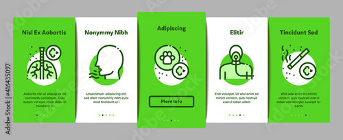 Asthma Sick Allergen Onboarding Mobile App Page Screen Vector. Asthma Allergy On Animal And Smoke, Flowers, Factory Smog And Dust, Medical Tool And Lungs Illustrations