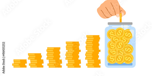 Hand putting dollar coins in to jar for money savings. Income growth. Wealth investor. Save money concept on white background. Financial saving increase.