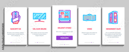 Computer Technology Onboarding Mobile App Page Screen Vector. Computer Mouse And Keyboard, Monitor And Video Card, Earphones And Cooler, Disk And Cord Illustrations
