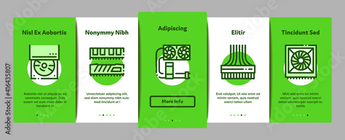 Computer Technology Onboarding Mobile App Page Screen Vector. Computer Mouse And Keyboard, Monitor And Video Card, Earphones And Cooler, Disk And Cord Illustrations