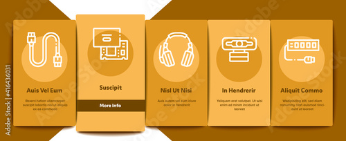 Computer Technology Onboarding Mobile App Page Screen Vector. Computer Mouse And Keyboard, Monitor And Video Card, Earphones And Cooler, Disk And Cord Illustrations