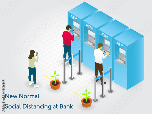 Social Distancing New Normal People Waiting to Use ATM At Bank People Keep Safe Distance and Queue In The Line to Prevent Coronavirus Covid-19 Isometric View Vector Design