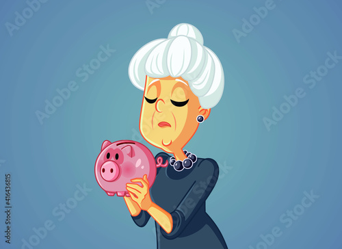 Sad Broke Senior Woman Holding a Piggy Bank