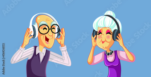 Funny Senior Couple Wearing Headphones Listening to Music