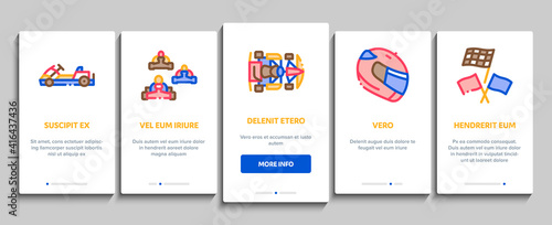 Karting Motorsport Onboarding Mobile App Page Screen Vector. Karting Race And Track, Kart Engine And Steering Wheel, Driver Helmet And Suit Gloves And Mask Illustrations