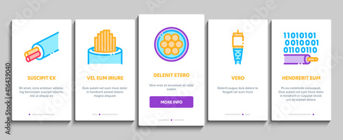 Optical Fiber Cable Onboarding Mobile App Page Screen Vector. Fiber Repair Instrument And Electrical Device For Test Connection, Cord Roll Bobbin And Damaged Illustrations