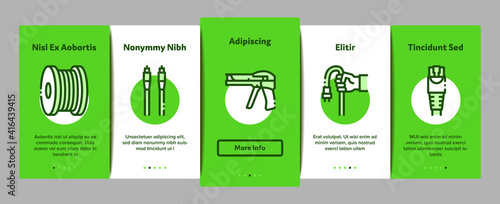 Optical Fiber Cable Onboarding Mobile App Page Screen Vector. Fiber Repair Instrument And Electrical Device For Test Connection, Cord Roll Bobbin And Damaged Illustrations