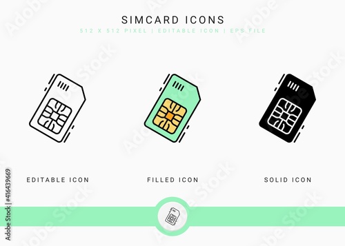Simcard icons set vector illustration with solid icon line style. Phone chip concept. Editable stroke icon on isolated background for web design, user interface, and mobile application