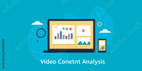 Video marketing analytics software displaying data on dashboard laptop. Video content analysis concept, vector illustration.