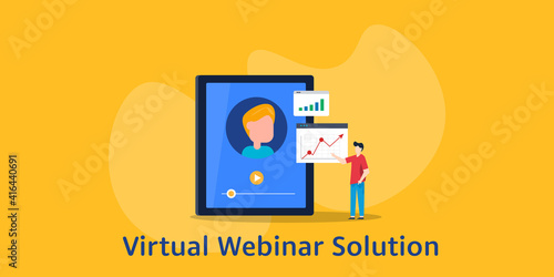 Online webinar concept. Virtual office meeting. Businessmen video conferencing internet media. Flat design vector illustration.