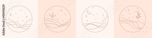 Vector set of linear boho icons and symbols - star, moon, tree logo design templates - abstract design elements for decoration in modern minimalist style