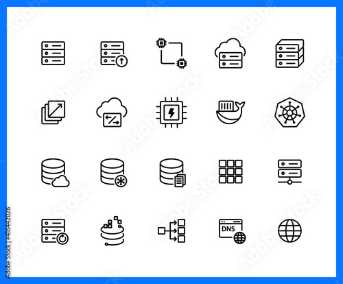 Collection of UI UX black linear icons.  . Cloud, Compute, Storage, Networking. Set of cloud platform symbols drawn with thin contour lines. Vector illustration.