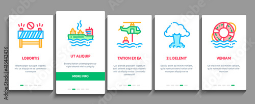 Rescuer Equipment Onboarding Mobile App Page Screen Vector. Rescue Dog And Truck, Helicopter And Lifebuoy, Tornado And Tsunami, Ship Fire And Explosion Illustrations