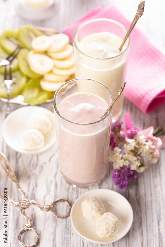 Fruity oghurt smoothie and fresh fruit for breakfast Fruity oghurt smoothie and fresh fruit for breakfast