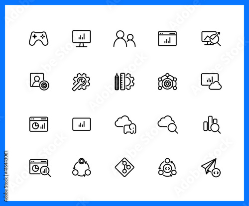 Collection of UI UX black linear icons.  Cloud, Analytics, Management. Set of cloud platform symbols drawn with thin contour lines. Vector illustration.