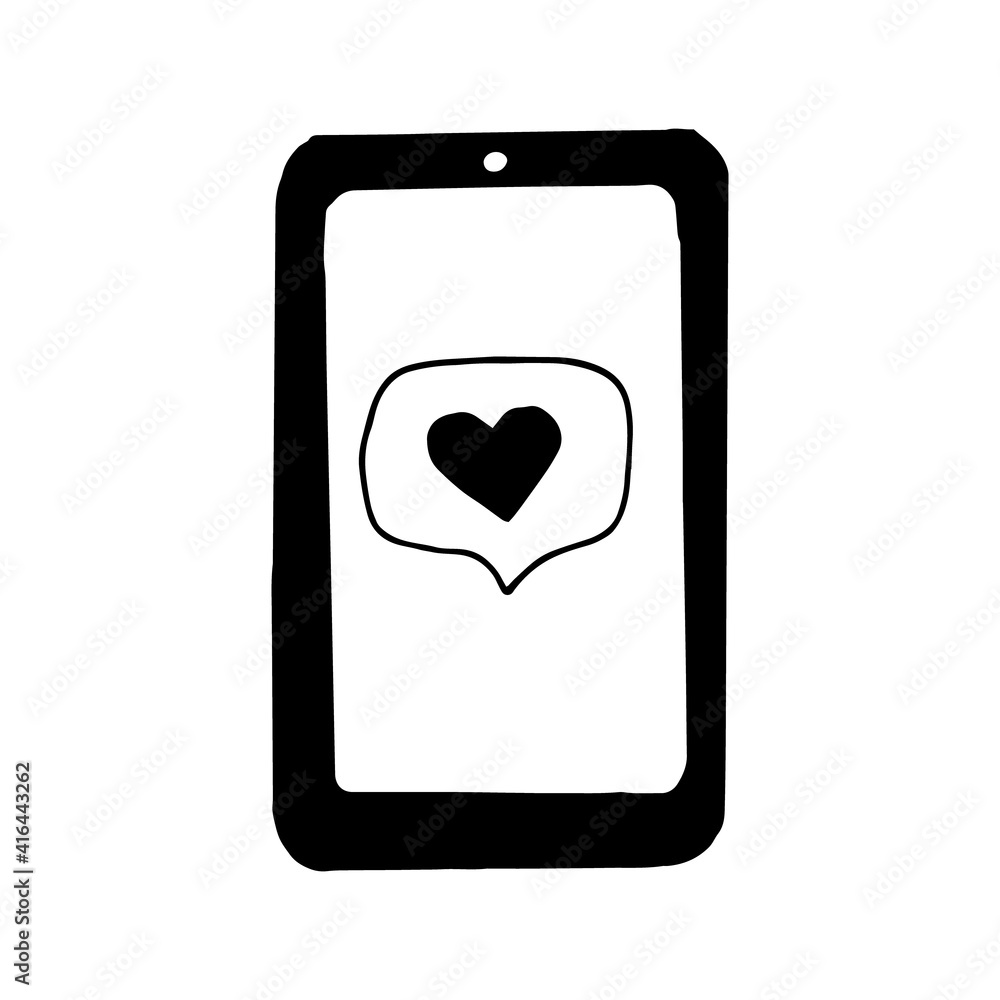 smartphone with heart on screen icon, sticker. sketch hand drawn doodle style. vector, minimalism, monochrome. phone, social networks, blogger, blog, blogging, technology, electronics, like. smartphone with heart on screen icon, sticker. sketch hand drawn doodle style. vector, minimalism, monochrome. phone, social networks, blogger, blog, blogging, technology, electronics, like.