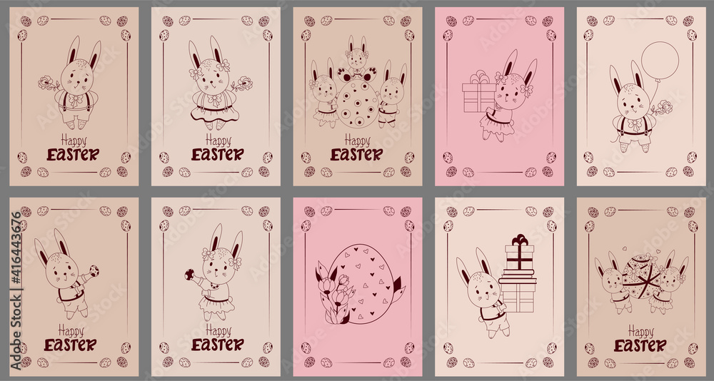 Set of postcards Happy Easter - with cute Easter bunnies. Hare, a boy in shorts, a girl with a flower, a family with a child, an Easter egg, gifts and balloons. Vector illustration, outline
