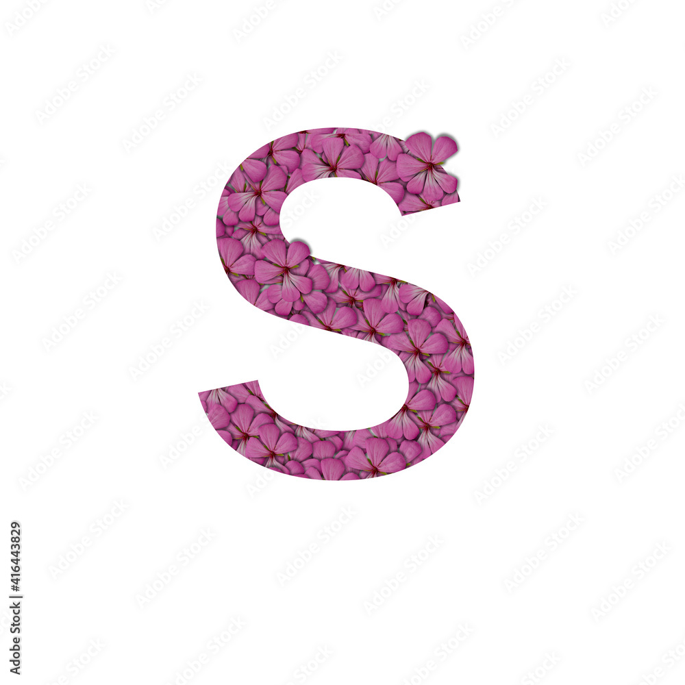 Letter S of the alphabet with photography of pink flowers. Letter S made from flowers isolated on white Photo. Alphabet symbols with flowers texture pattern Letter S of the alphabet with photography of pink flowers. Letter S made from flowers isolated on white Photo. Alphabet symbols with flowers texture pattern