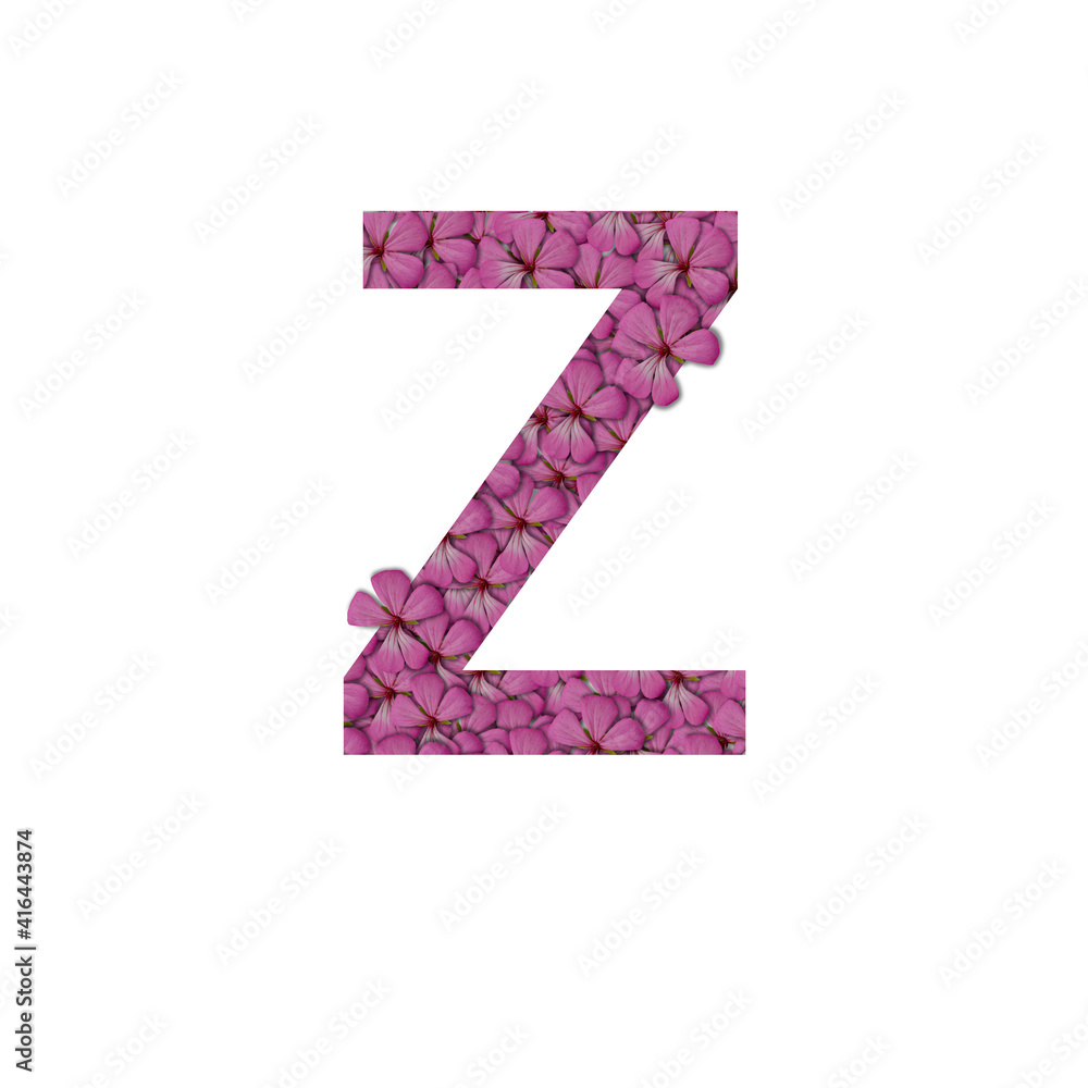Letter Z of the alphabet with photography of pink flowers. Letter Z made from flowers isolated on white Photo. Alphabet symbols with flowers texture pattern Letter Z of the alphabet with photography of pink flowers. Letter Z made from flowers isolated on white Photo. Alphabet symbols with flowers texture pattern