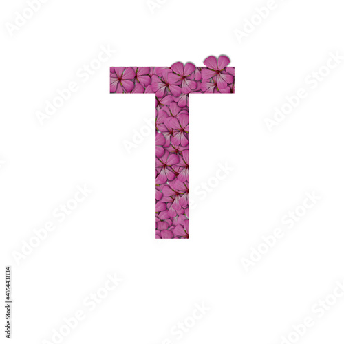 Letter T of the alphabet with photography of pink flowers. Letter T made from flowers isolated on white Photo. Alphabet symbols with flowers texture pattern