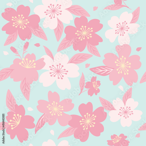 Vector seamless pattern with pink cherry blossom flowers