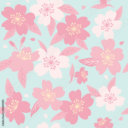 Vector seamless pattern with pink cherry blossom flowers