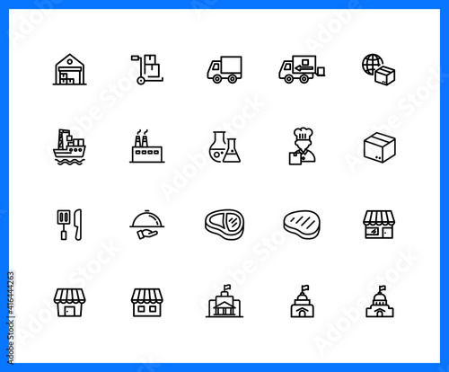 Collection of UI UX linear icons and color icons. production, delivery, store, transportation, building . Set of distribution symbol drawn with thin contour lines. Vector illustration.
