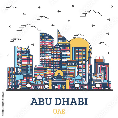 Outline Abu Dhabi United Arab Emirates City Skyline with Colored Modern Buildings Isolated on White.
