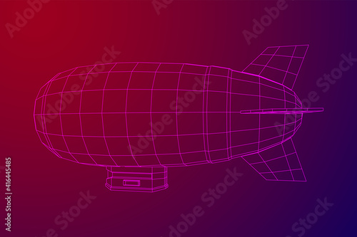 Airship dirigible airway travel transport. Air ship with gondola cabin. Wireframe low poly mesh vector illustration.