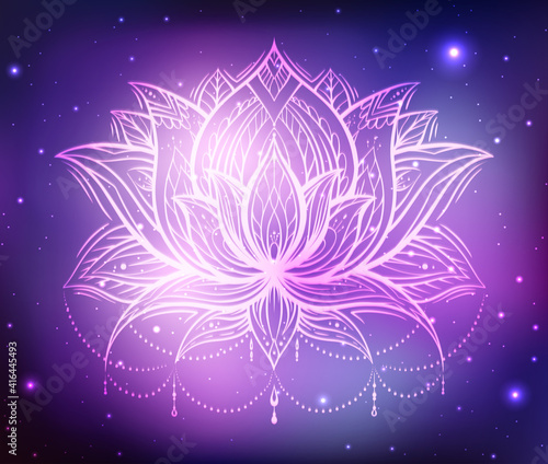 Spiritual symbol of lotus with tribal decoration on blurred cosmos and stars background. Calm and meditation. Water lily with boho ornament in universe