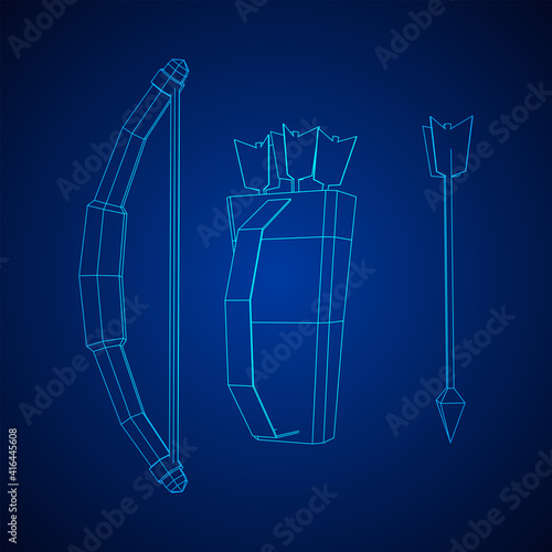 Medieval Bow and arrow archer weapon. Wireframe low poly mesh vector illustration.