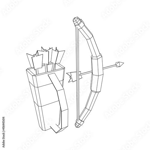 Medieval Bow and arrow archer weapon. Wireframe low poly mesh vector illustration.