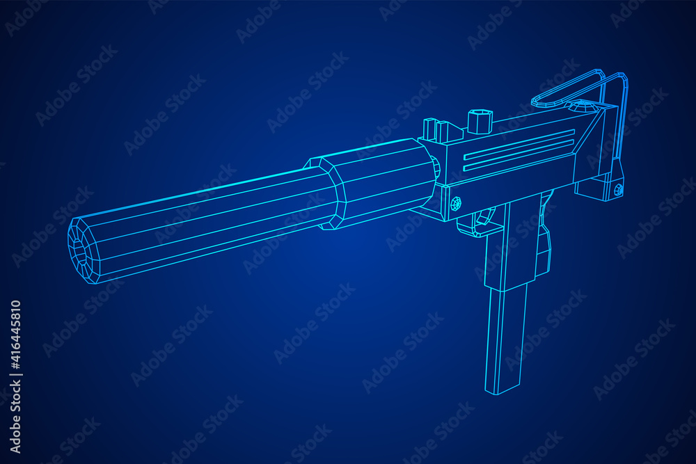 Submachine gun modern firearms pistol with silencer. Wireframe low poly mesh vector illustration. Submachine gun modern firearms pistol with silencer. Wireframe low poly mesh vector illustration.