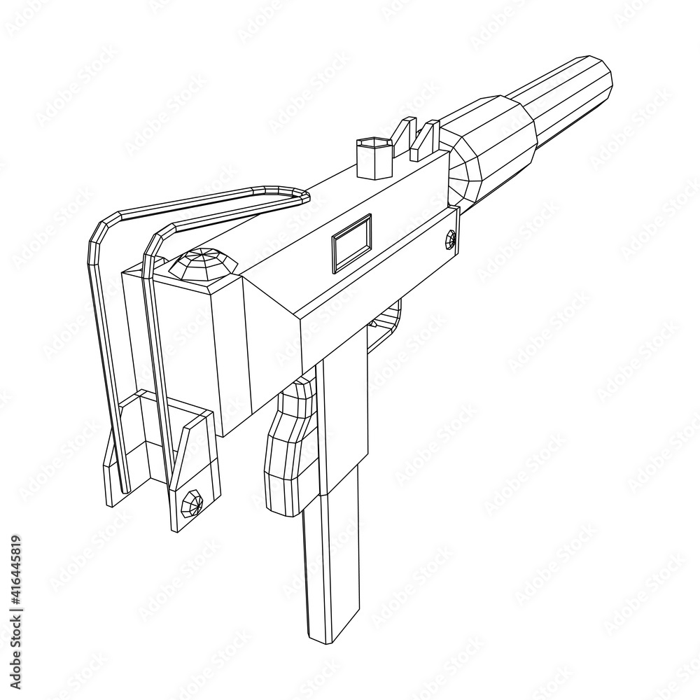 Submachine gun modern firearms pistol with silencer. Wireframe low poly ...