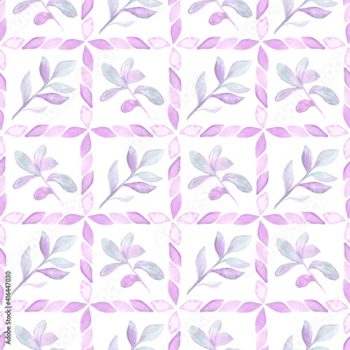 Cells of watercolor leaves with twigs pattern