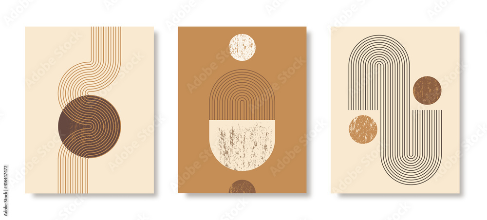Set of Abstract Modern Art Backgrounds with simple geometric shapes of lines and circles. Boho Vector Illustration in minimalist style and terra colors for poster, cover, banner, social media post