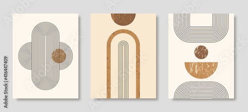 Set of Abstract Modern Art Backgrounds with simple geometric shapes of lines and circles. Boho Vector Illustration in minimal style and neutral colors for poster, T-shirt print, cover, banner