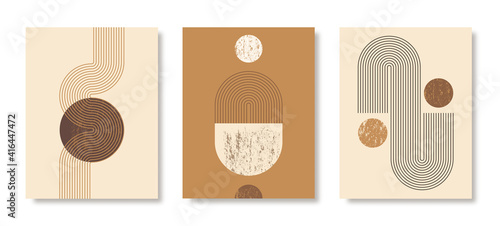 Set of Abstract Modern Art Backgrounds with simple geometric shapes of lines and circles. Boho Vector Illustration in minimalist style and terra colors for poster, cover, banner, social media post