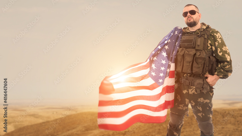Soldier and USA flag on sunrise background .Concept National holidays , Flag and Veterans , Memorial Day, Independence Day, Patriot Day.