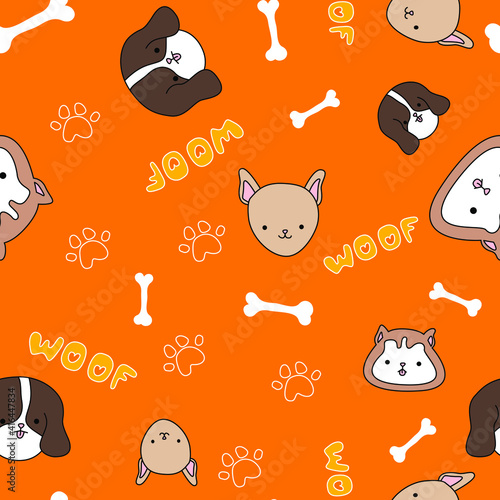 Orange pattern with cute, funny happy dogs. Paws print, bones, woof text and pets.