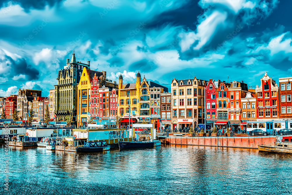 AMSTERDAM, NETHERLANDS - SEPTEMBER 15, 2015: Beautiful views of the streets, ancient buildings, people in Amsterdam - also call 