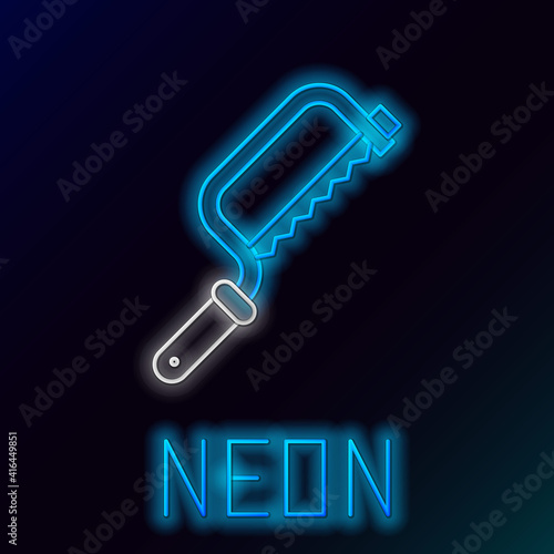 Glowing neon line Hacksaw icon isolated on black background. Metal saw for wood and metal. Colorful outline concept. Vector.