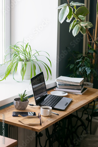 Obraz na plátne Workplace of man desk books laptop home interior