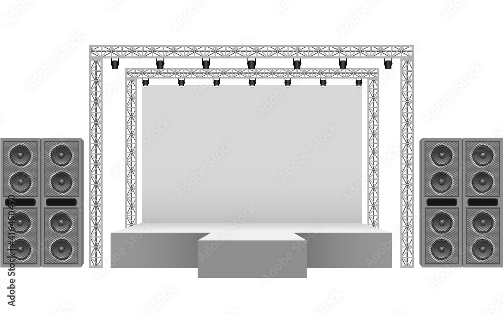 white stage and speaker with spotlight on the truss system on the white background - obrazy, fototapety, plakaty 