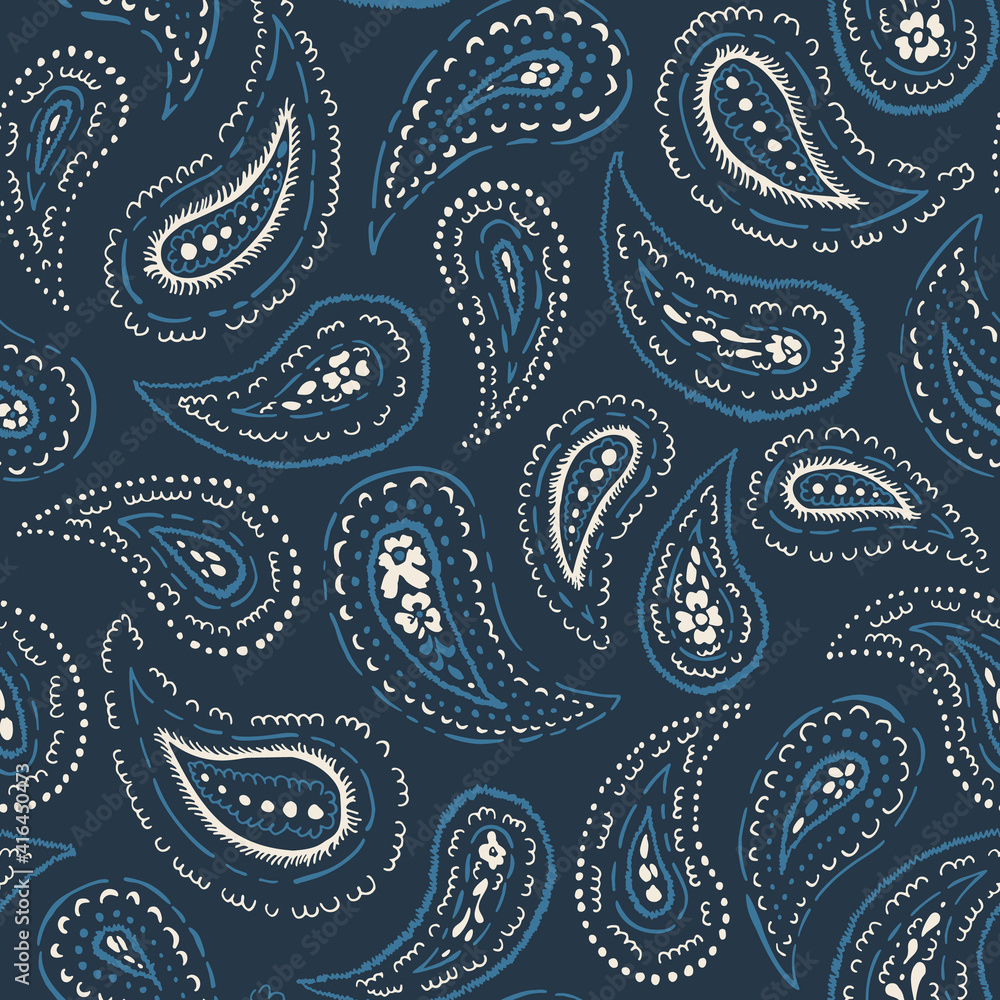 Hand-Drawn Artistic Monochrome Dark Blue Paisley Vector Seamless Pattern.  Boho Traditional Ethnic Fashion Shawl Print. Monochrome Line Painterly  Doodle Folk Foulard Texture Background Stock Vector | Adobe Stock